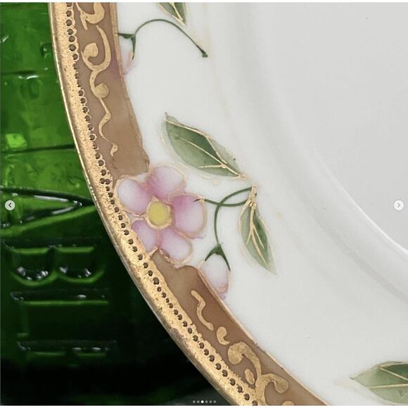 Antique Nippon Japan Bread Plates Porcelain Hand Painted Pink Flower Gold Rim x6 - Picture 3 of 6
